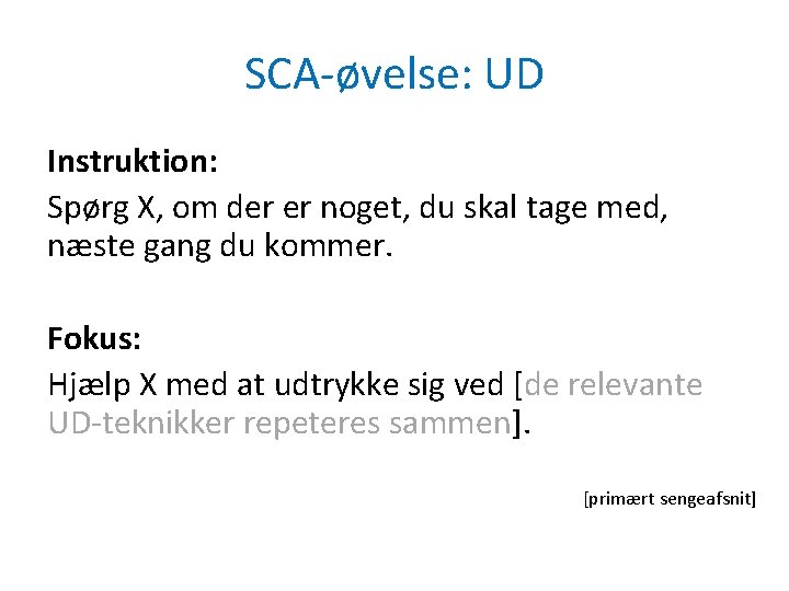 SCA-øvelse: UD Instruktion: Spørg X, om der er noget, du skal tage med, næste