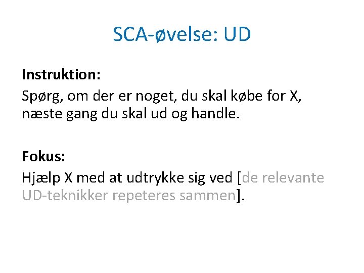 SCA-øvelse: UD Instruktion: Spørg, om der er noget, du skal købe for X, næste