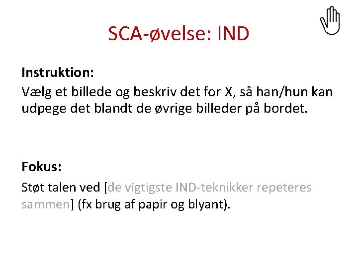 SCA-øvelse: IND Instruktion: Vælg et billede og beskriv det for X, så han/hun kan