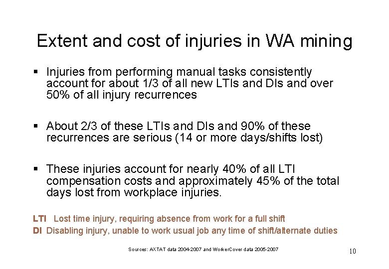 Extent and cost of injuries in WA mining § Injuries from performing manual tasks