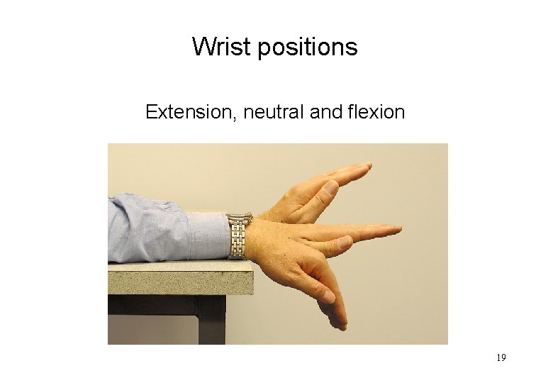 Wrist positions Extension, neutral and flexion 19 