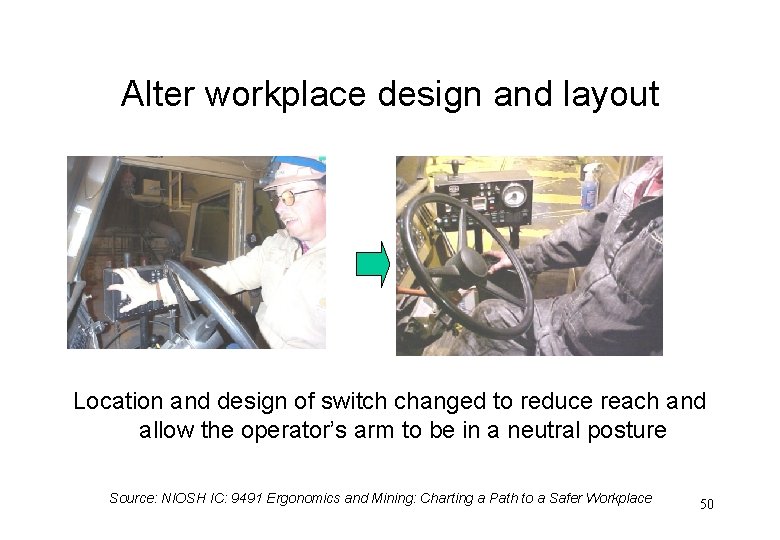 Alter workplace design and layout Location and design of switch changed to reduce reach