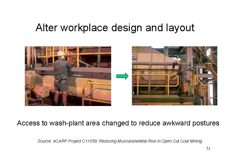 Alter workplace design and layout Access to wash-plant area changed to reduce awkward postures