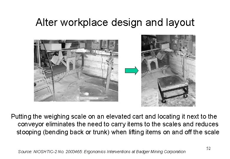 Alter workplace design and layout Putting the weighing scale on an elevated cart and