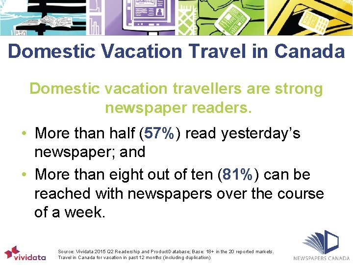Domestic Vacation Travel in Canada Domestic vacation travellers are strong newspaper readers. • More