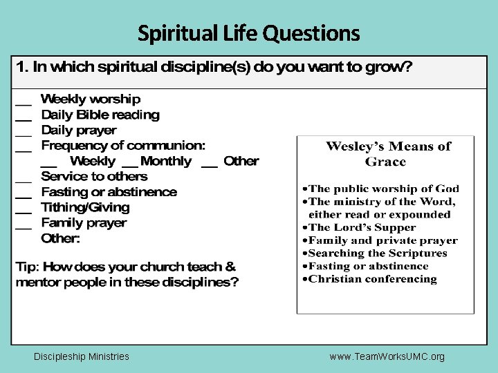Spiritual Life Questions Discipleship Ministries www. Team. Works. UMC. org 