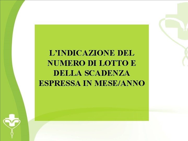 L’INDICAZIONE DEL NUMERO DI LOTTO E DELLA SCADENZA ESPRESSA IN MESE/ANNO 
