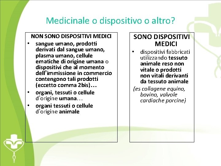 Medicinale o dispositivo o altro? NON SONO DISPOSITIVI MEDICI • sangue umano, prodotti derivati