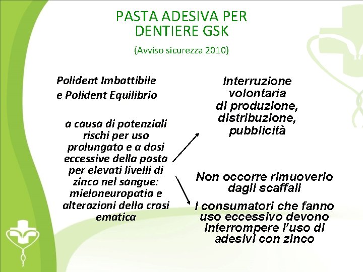 PASTA ADESIVA PER DENTIERE GSK (Avviso sicurezza 2010) Polident Imbattibile e Polident Equilibrio a