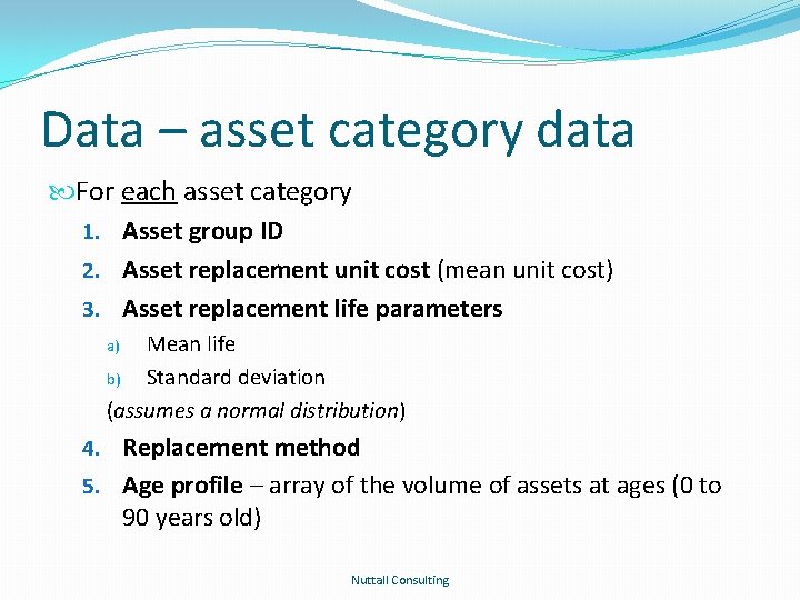 Data – asset category data For each asset category 1. Asset group ID 2.