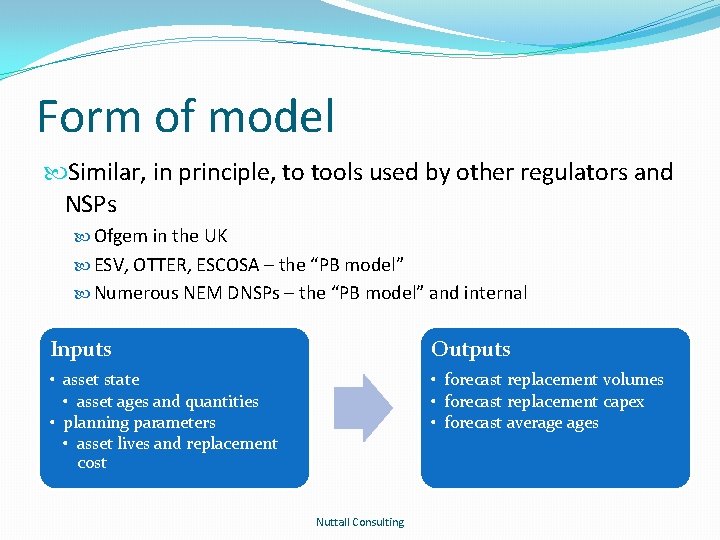 Form of model Similar, in principle, to tools used by other regulators and NSPs