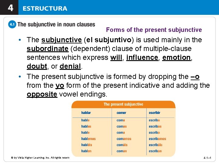 Forms of the present subjunctive • The subjunctive (el subjuntivo) is used mainly in