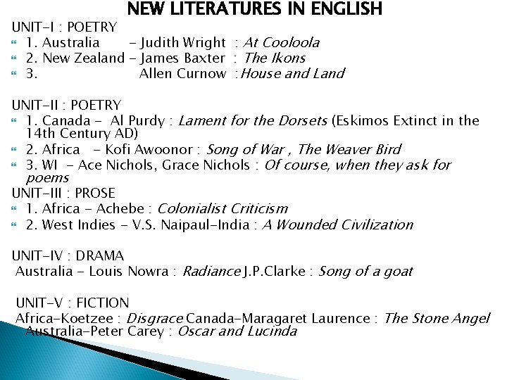 NEW LITERATURES IN ENGLISH UNIT-I : POETRY 1. Australia - Judith Wright : At