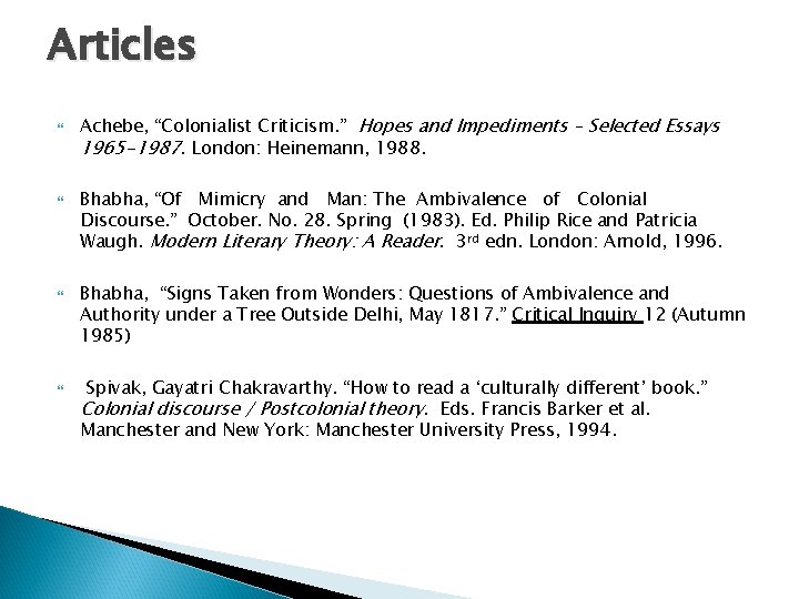 Articles Achebe, “Colonialist Criticism. ” Hopes and Impediments – Selected Essays 1965 -1987. London:
