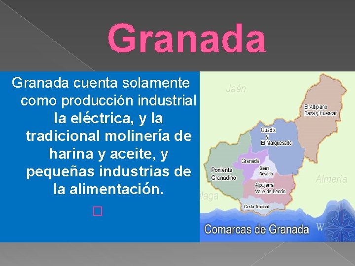 Granada cuenta solamente como producción industrial la eléctrica, y la tradicional molinería de harina