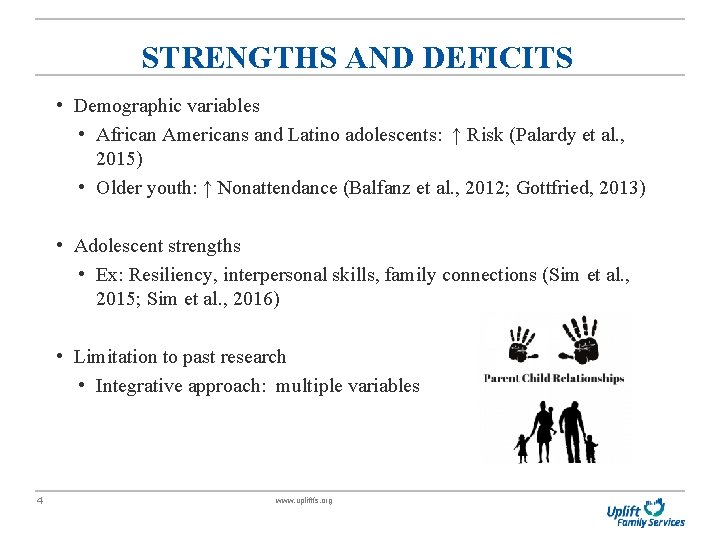 STRENGTHS AND DEFICITS • Demographic variables • African Americans and Latino adolescents: ↑ Risk