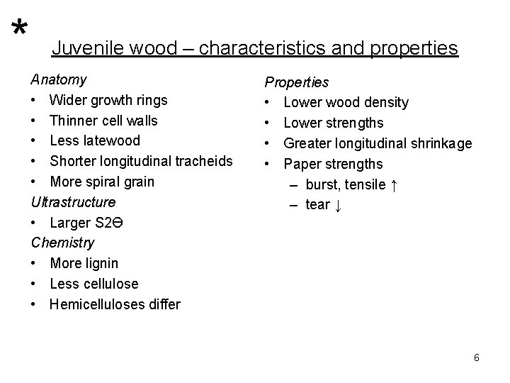* Juvenile wood – characteristics and properties Anatomy • Wider growth rings • Thinner