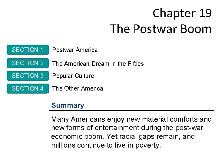 Chapter 19 The Postwar Boom SECTION 1 Postwar America SECTION 2 The American Dream