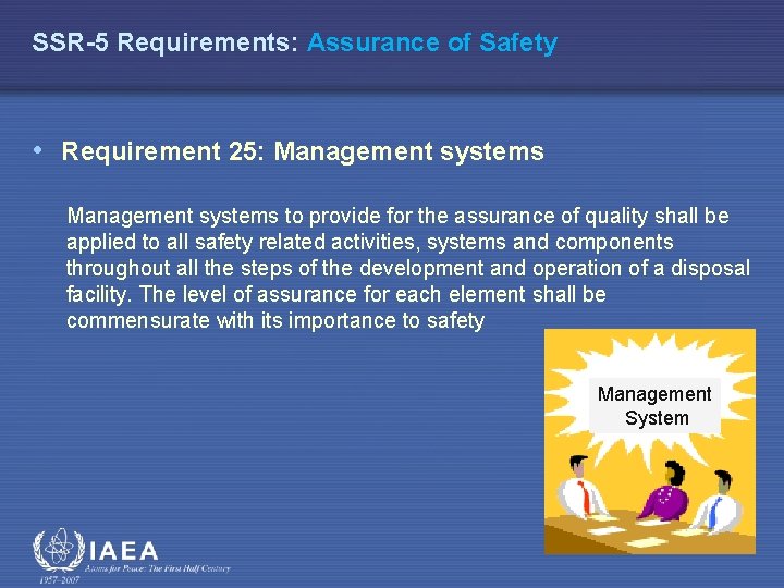 SSR-5 Requirements: Assurance of Safety • Requirement 25: Management systems to provide for the