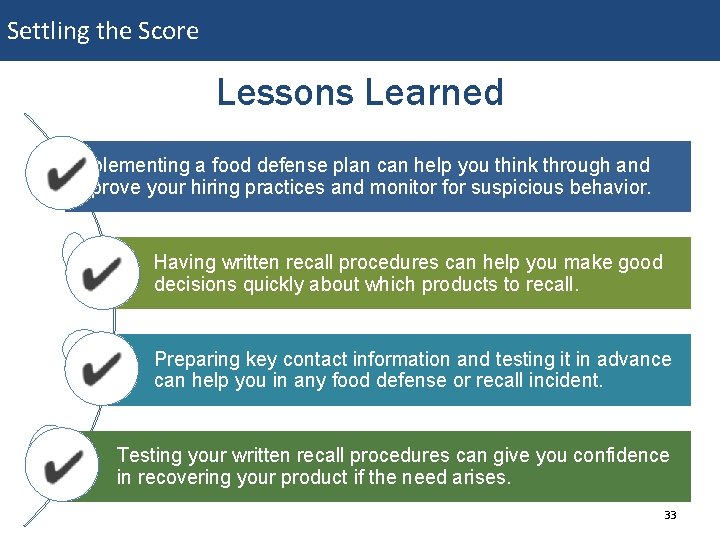 Settling the Score Lessons Learned Implementing a food defense plan can help you think Settling the Score Lessons Learned Implementing a food defense plan can help you think