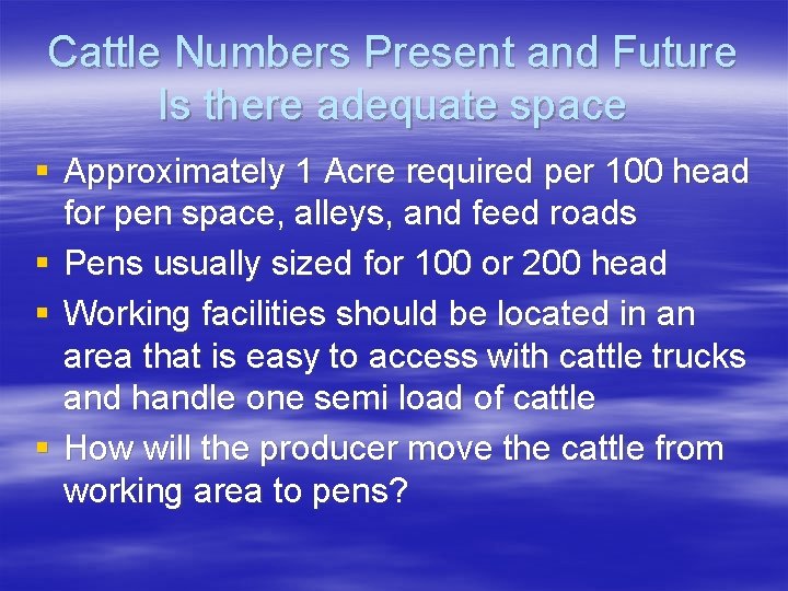 Cattle Numbers Present and Future Is there adequate space § Approximately 1 Acre required