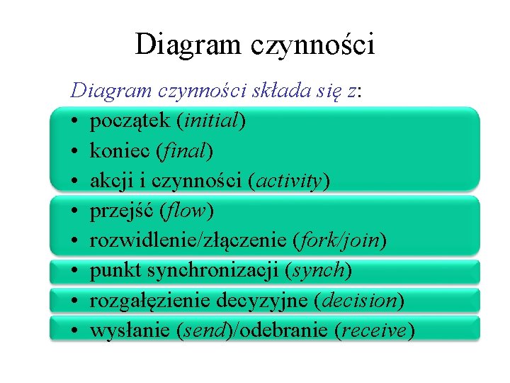 Diagram czynności składa się z: • początek (initial) • koniec (final) • akcji i