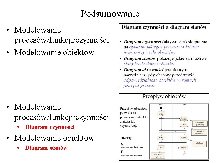 Podsumowanie • Modelowanie procesów/funkcji/czynności • Modelowanie obiektów • Modelowanie procesów/funkcji/czynności • Diagram czynności •