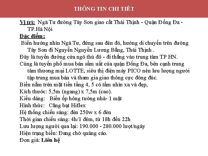 THÔNG TIN CHI TIẾT Thông tin chi tiết vị trí quảng cáo. Vị trí: