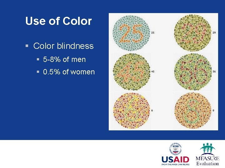 Use of Color § Color blindness § 5 -8% of men § 0. 5%