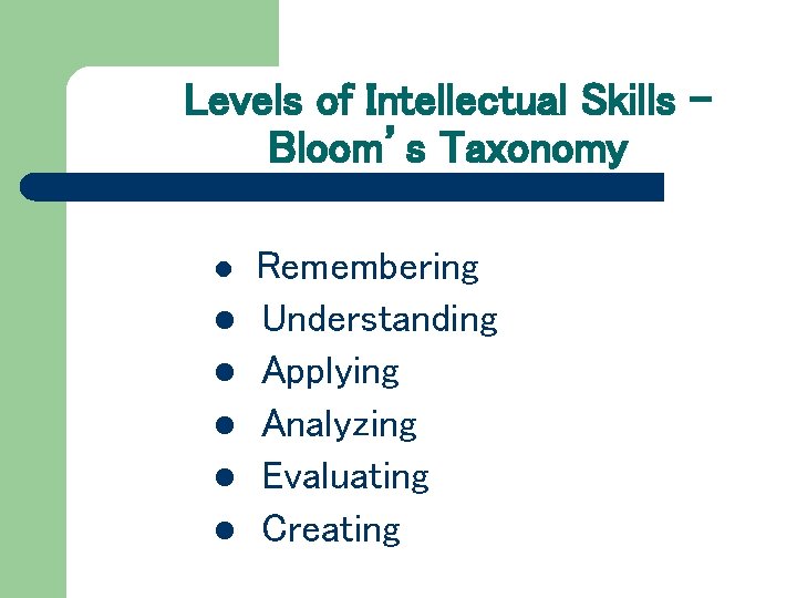 Levels of Intellectual Skills – Bloom’s Taxonomy l l l Remembering Understanding Applying Analyzing Levels of Intellectual Skills – Bloom’s Taxonomy l l l Remembering Understanding Applying Analyzing