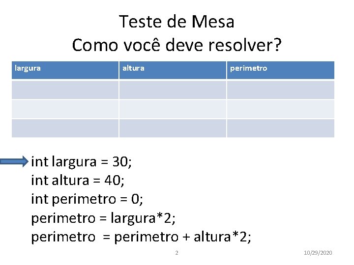 Teste de Mesa Como você deve resolver? largura altura perimetro int largura = 30;