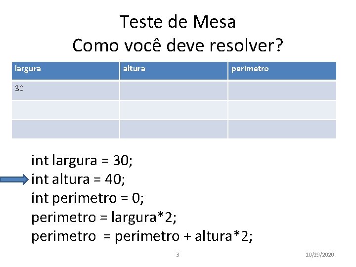 Teste de Mesa Como você deve resolver? largura altura perimetro 30 int largura =