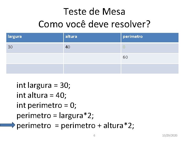 Teste de Mesa Como você deve resolver? largura altura perimetro 30 40 0 60