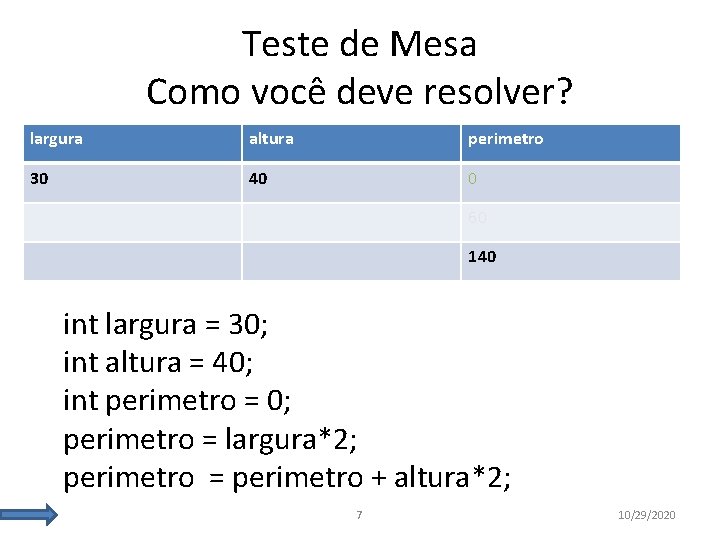 Teste de Mesa Como você deve resolver? largura altura perimetro 30 40 0 60