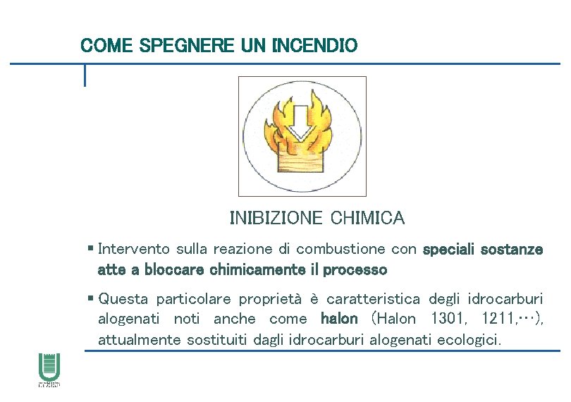 COME SPEGNERE UN INCENDIO INIBIZIONE CHIMICA § Intervento sulla reazione di combustione con speciali