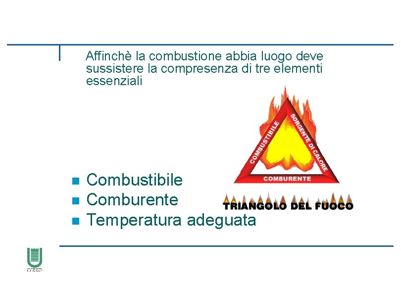 IL FUOCO Affinchè la combustione abbia luogo deve sussistere la compresenza di tre elementi