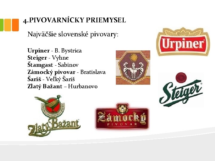 4. PIVOVARNÍCKY PRIEMYSEL Najväčšie slovenské pivovary: Urpiner - B. Bystrica Steiger - Vyhne Štamgast