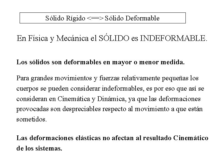 Sólido Rígido <==> Sólido Deformable En Física y Mecánica el SÓLIDO es INDEFORMABLE. Los