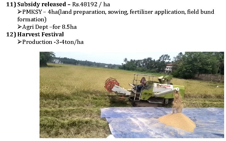 11) Subsidy released – Rs. 48192 / ha ØPMKSY – 4 ha(land preparation, sowing,