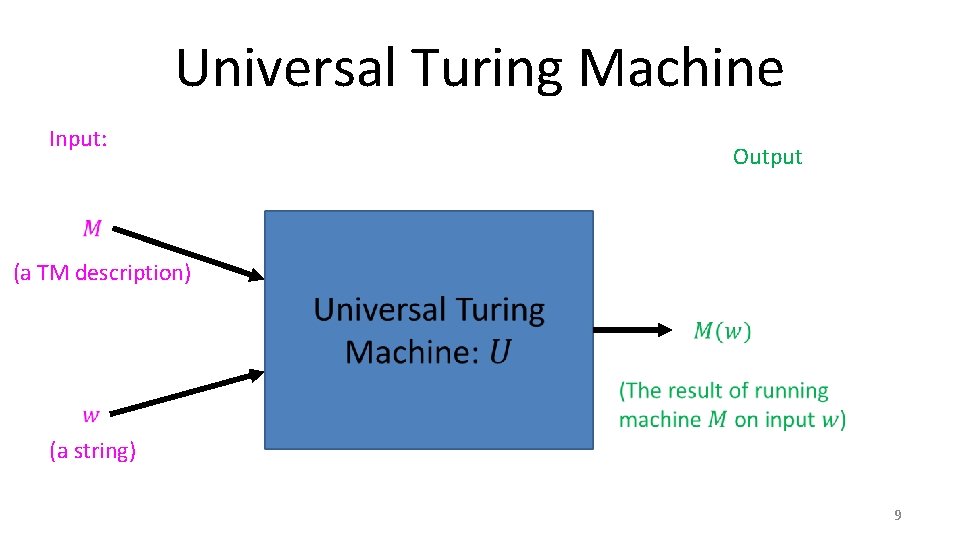 Universal Turing Machine Input: Output (a TM description) (a string) 9 