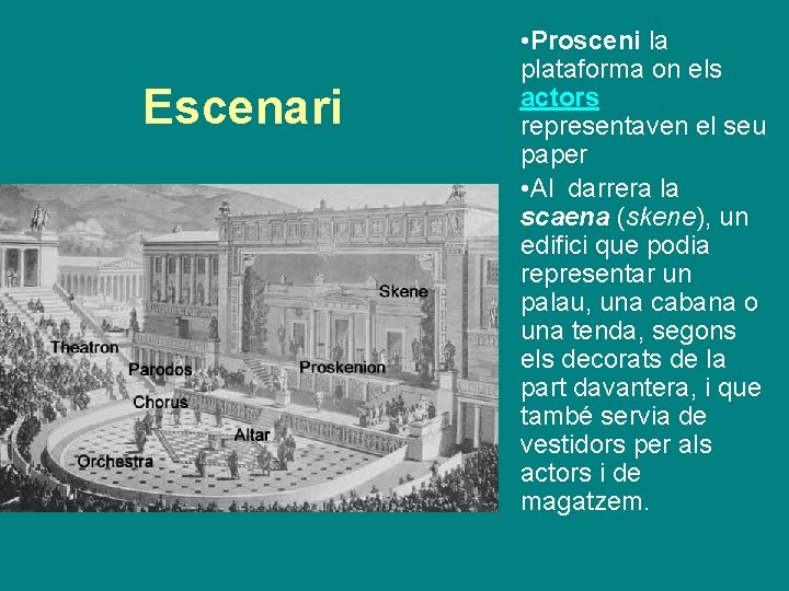 Escenari • Prosceni la plataforma on els actors representaven el seu paper • Al