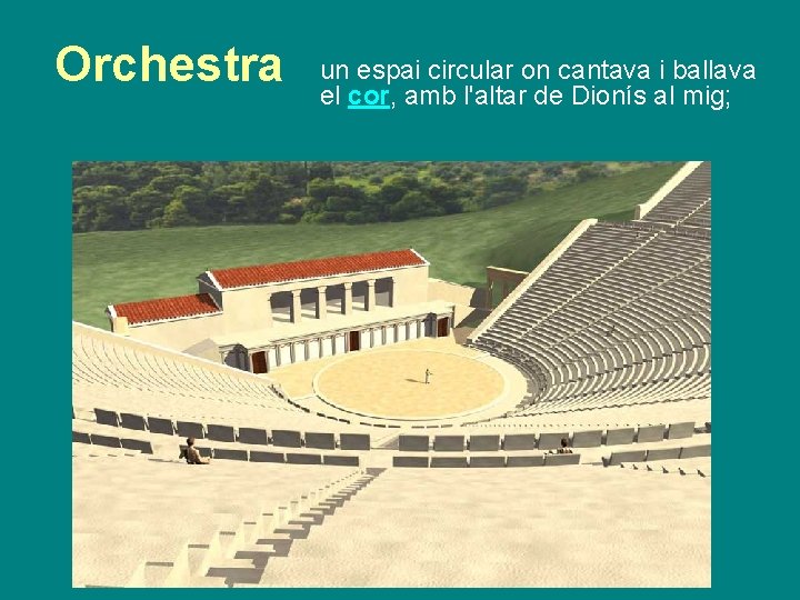 Orchestra un espai circular on cantava i ballava el cor, amb l'altar de Dionís