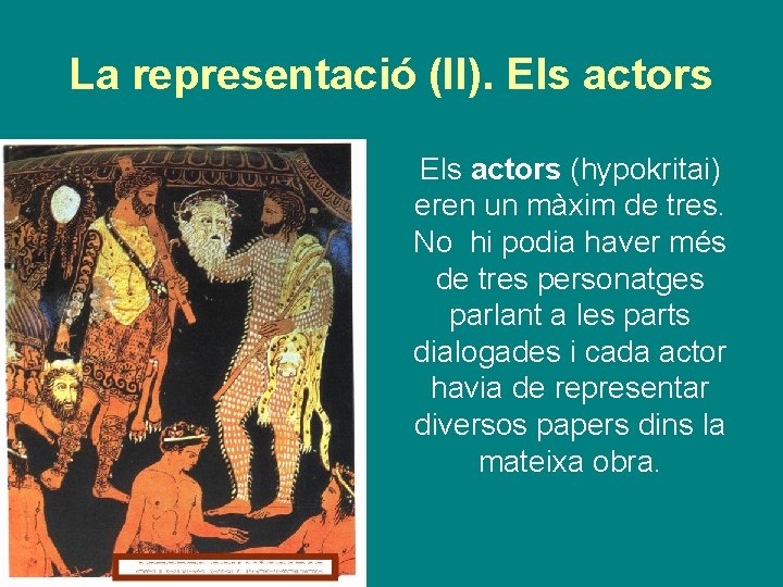 La representació (II). Els actors (hypokritai) eren un màxim de tres. No hi podia