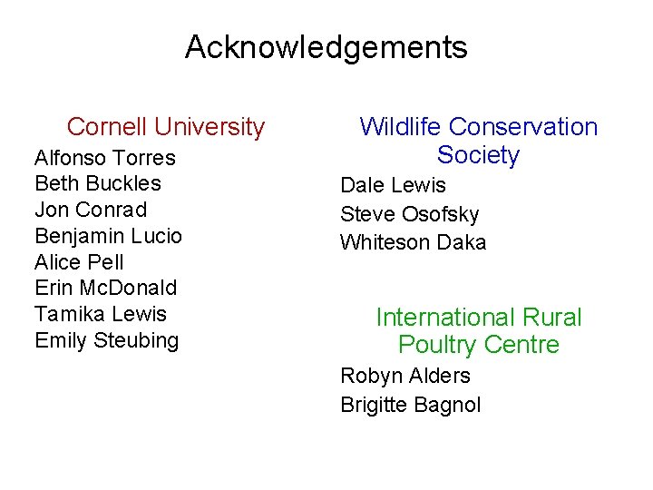 Acknowledgements Cornell University Alfonso Torres Beth Buckles Jon Conrad Benjamin Lucio Alice Pell Erin