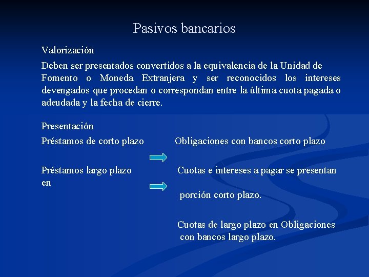 Pasivos bancarios Valorización Deben ser presentados convertidos a la equivalencia de la Unidad de
