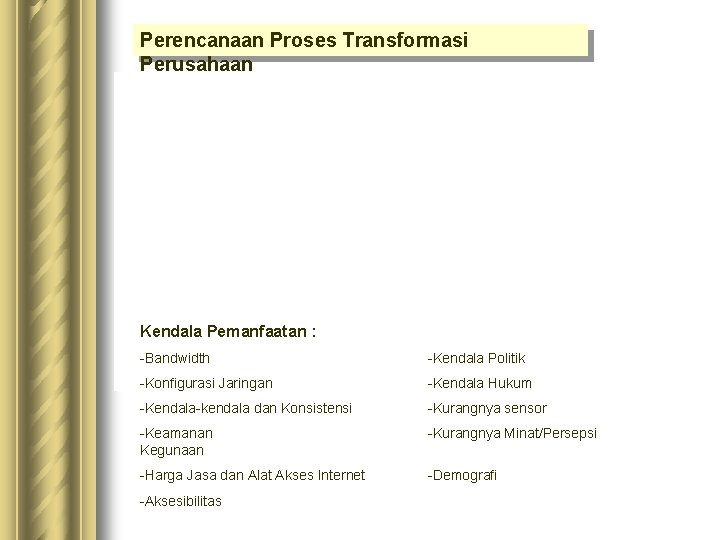 Perencanaan Proses Transformasi Perusahaan Kendala Pemanfaatan : -Bandwidth -Kendala Politik -Konfigurasi Jaringan -Kendala Hukum Perencanaan Proses Transformasi Perusahaan Kendala Pemanfaatan : -Bandwidth -Kendala Politik -Konfigurasi Jaringan -Kendala Hukum
