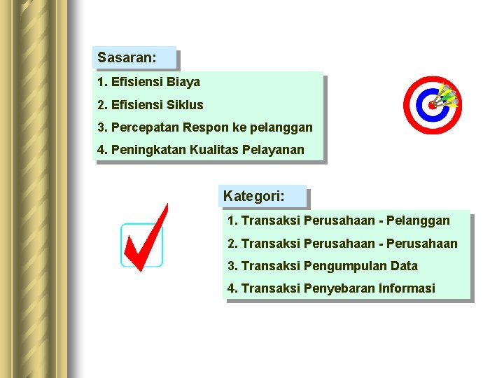 Sasaran: 1. Efisiensi Biaya 2. Efisiensi Siklus 3. Percepatan Respon ke pelanggan 4. Peningkatan Sasaran: 1. Efisiensi Biaya 2. Efisiensi Siklus 3. Percepatan Respon ke pelanggan 4. Peningkatan