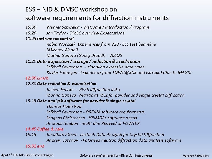 ESS – NID & DMSC workshop on software requirements for diffraction instruments 10: 00