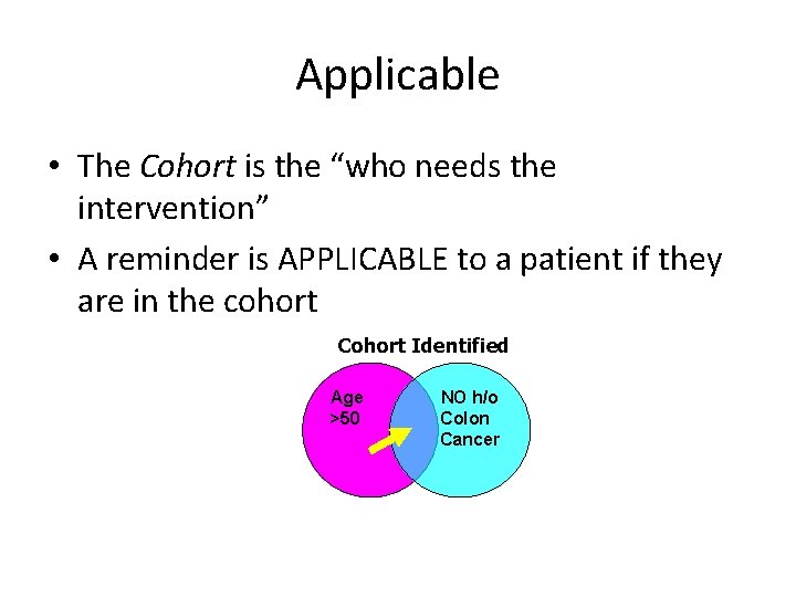 Applicable • The Cohort is the “who needs the intervention” • A reminder is