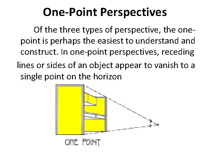 One-Point Perspectives Of the three types of perspective, the onepoint is perhaps the easiest